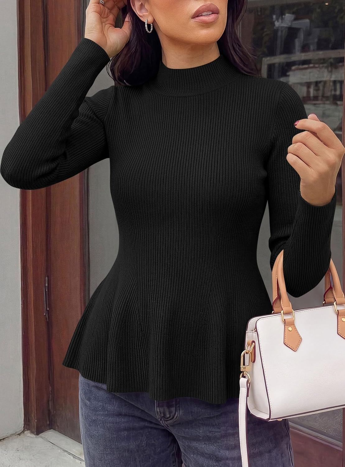 image:imagePRETTYGARDEN Womens Fall Mock Neck Long Sleeve Tops Bodycon Peplum SweatersBlack