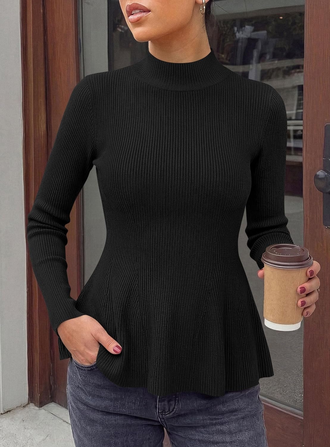 image:imagePRETTYGARDEN Womens Fall Mock Neck Long Sleeve Tops Bodycon Peplum SweatersBlack