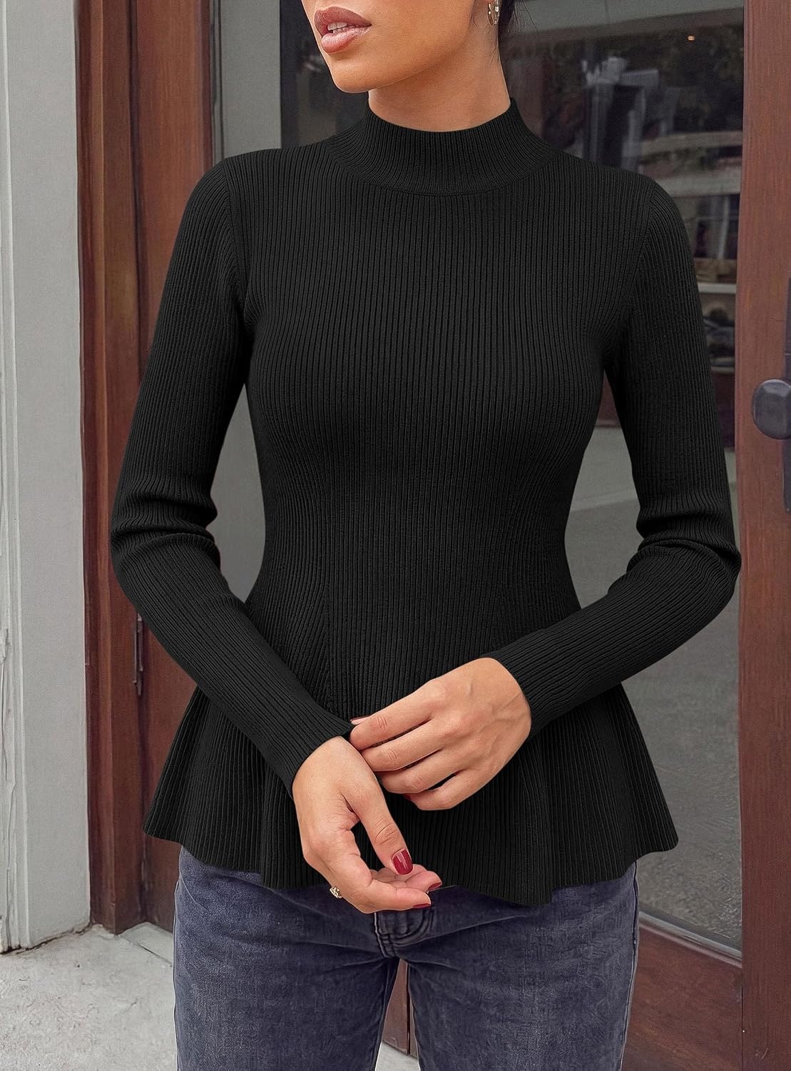 image:imagePRETTYGARDEN Womens Fall Mock Neck Long Sleeve Tops Bodycon Peplum SweatersBlack
