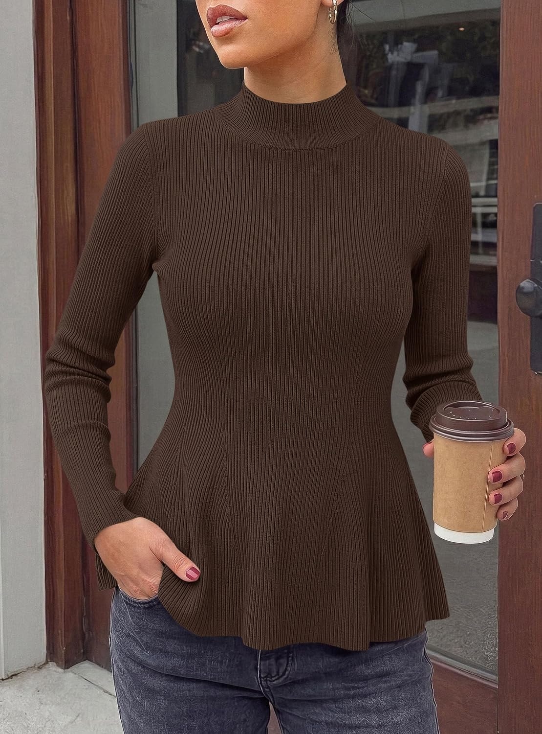 image:imagePRETTYGARDEN Womens Fall Mock Neck Long Sleeve Tops Bodycon Peplum SweatersBrown