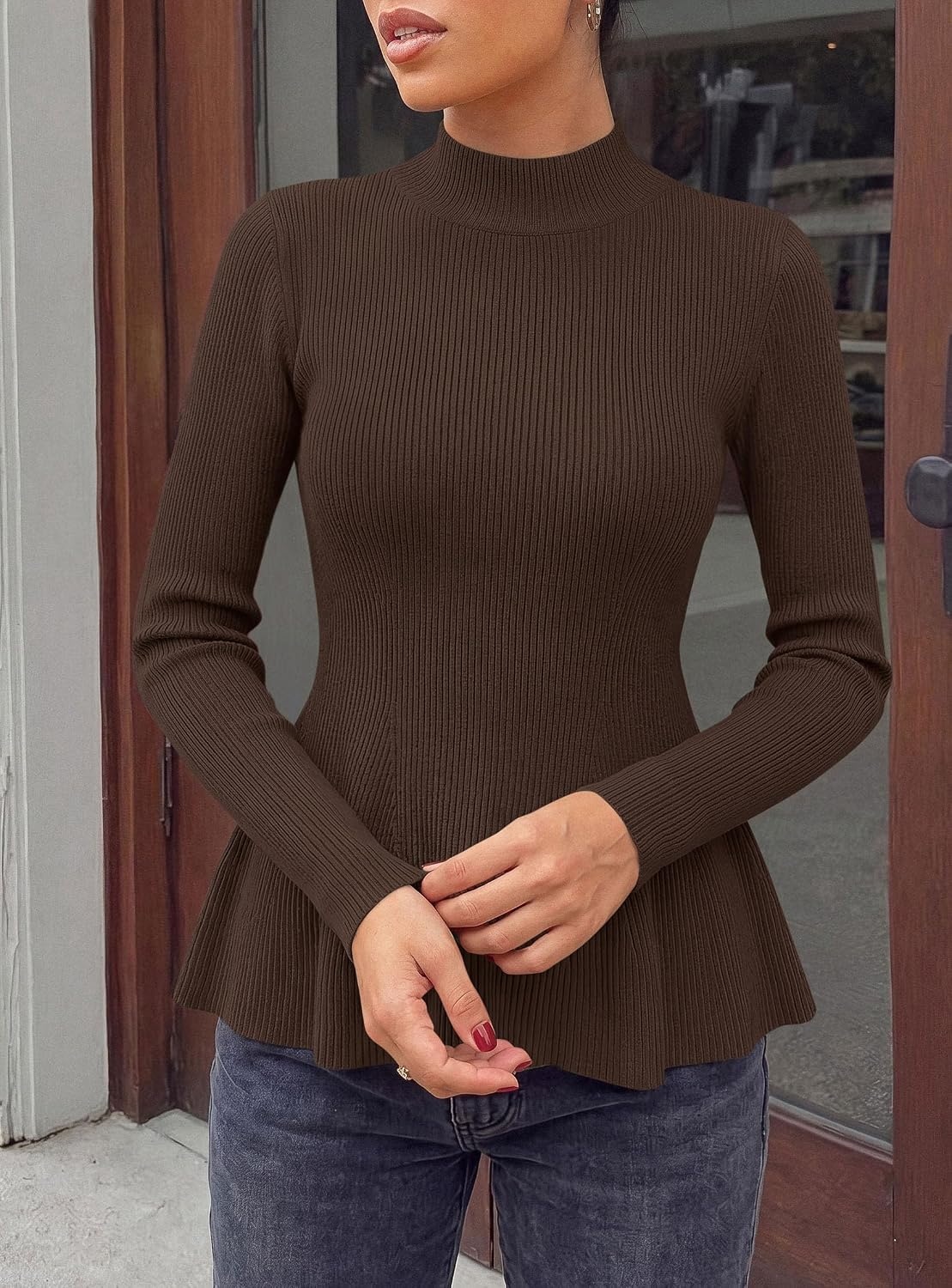 image:imagePRETTYGARDEN Womens Fall Mock Neck Long Sleeve Tops Bodycon Peplum SweatersBrown
