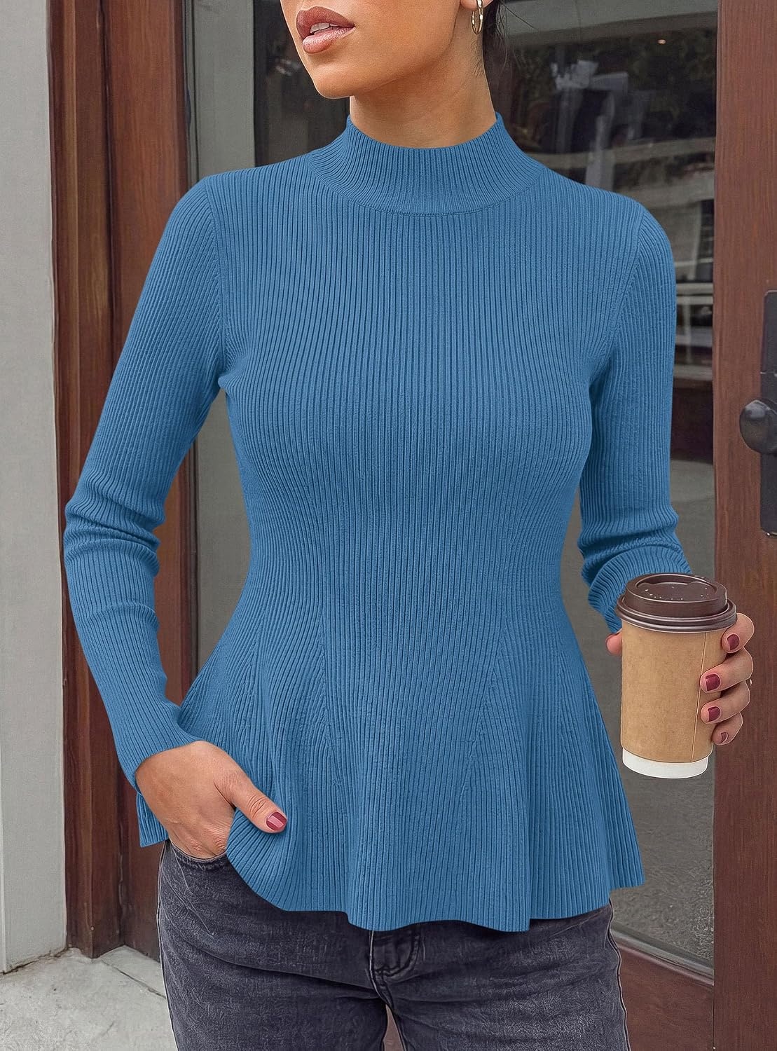 image:imagePRETTYGARDEN Womens Fall Mock Neck Long Sleeve Tops Bodycon Peplum SweatersCute Light Blue