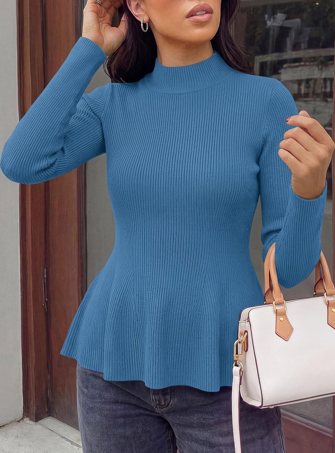 image:imagePRETTYGARDEN Womens Fall Mock Neck Long Sleeve Tops Bodycon Peplum SweatersCute Light Blue