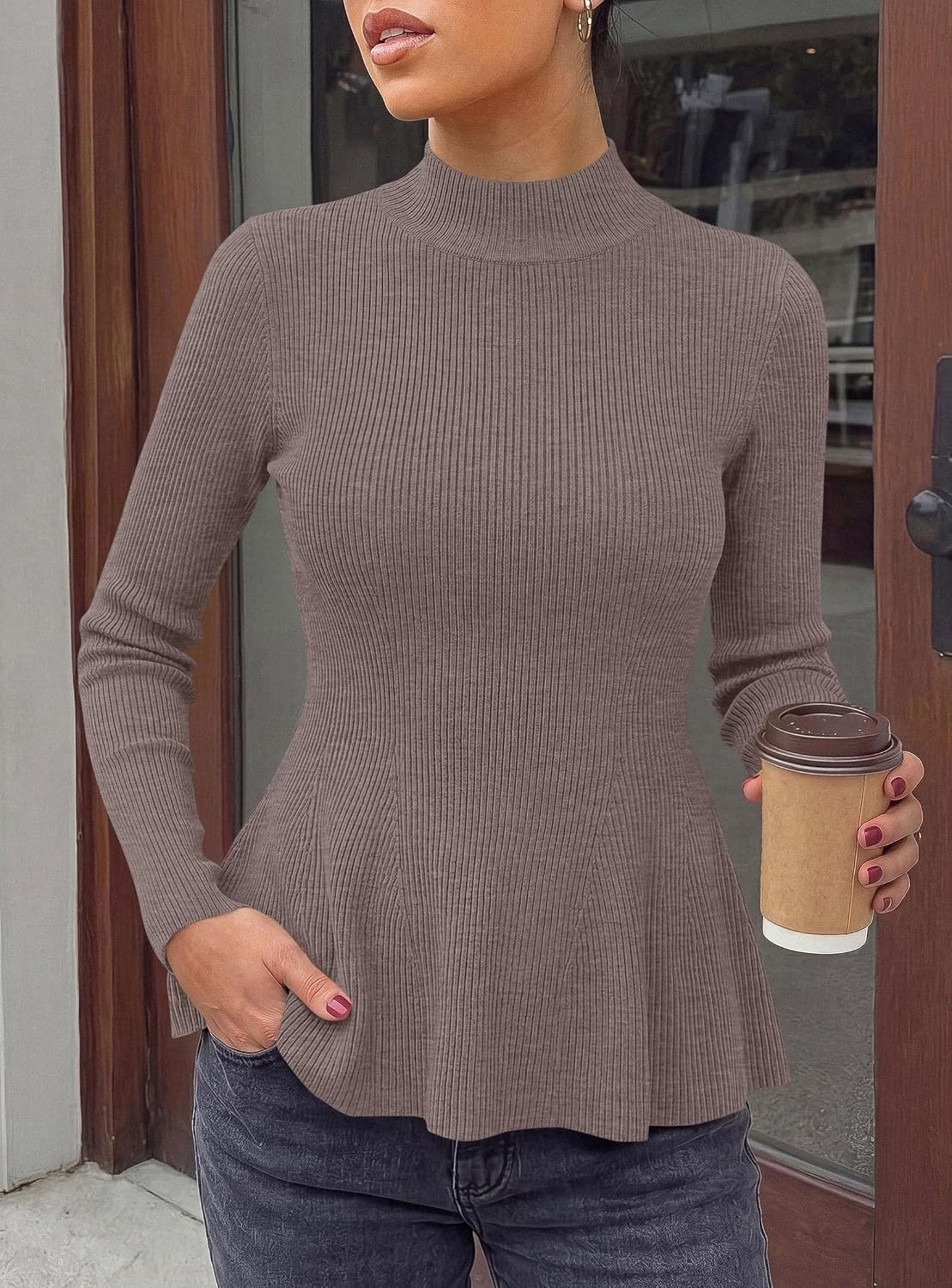 image:imagePRETTYGARDEN Womens Fall Mock Neck Long Sleeve Tops Bodycon Peplum SweatersKhaki
