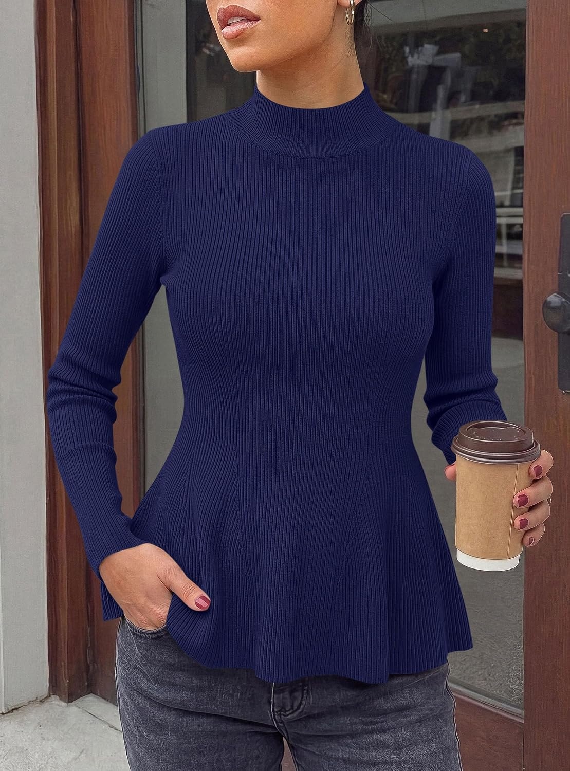 image:imagePRETTYGARDEN Womens Fall Mock Neck Long Sleeve Tops Bodycon Peplum SweatersNavy Blue