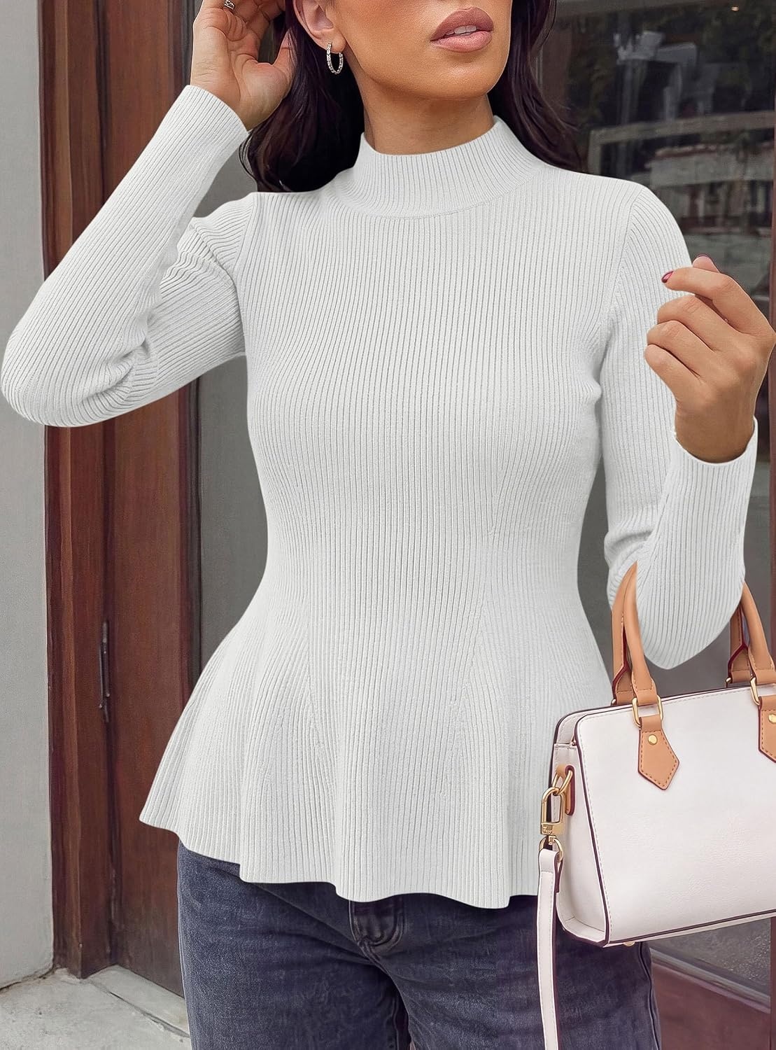 image:imagePRETTYGARDEN Womens Fall Mock Neck Long Sleeve Tops Bodycon Peplum SweatersWhite