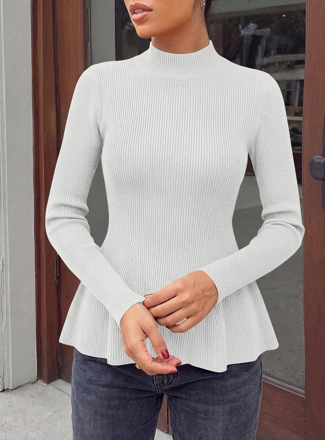 image:imagePRETTYGARDEN Womens Fall Mock Neck Long Sleeve Tops Bodycon Peplum SweatersWhite