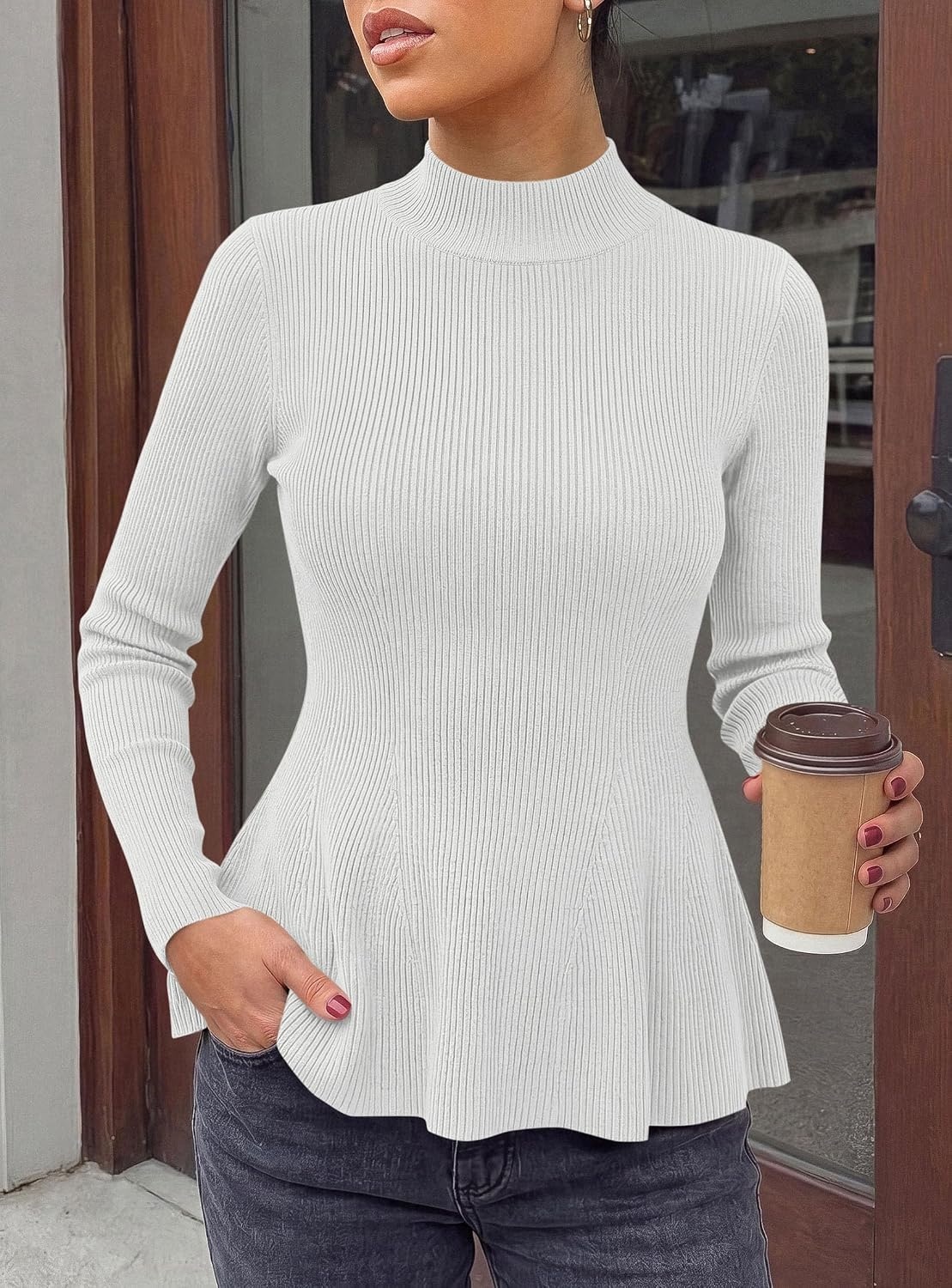 image:imagePRETTYGARDEN Womens Fall Mock Neck Long Sleeve Tops Bodycon Peplum SweatersWhite