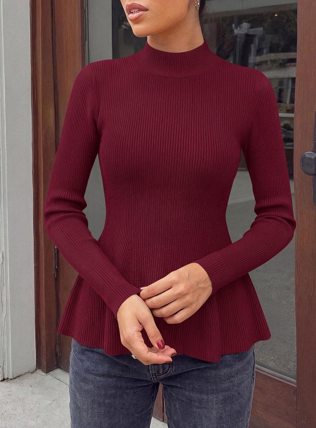 image:imagePRETTYGARDEN Womens Fall Mock Neck Long Sleeve Tops Bodycon Peplum SweatersWine Red