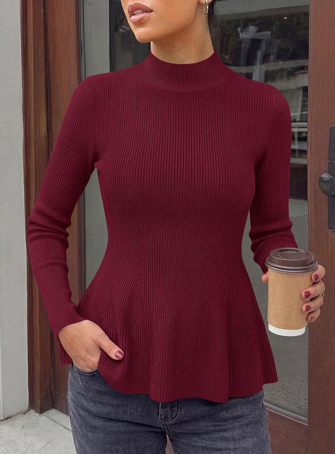 image:imagePRETTYGARDEN Womens Fall Mock Neck Long Sleeve Tops Bodycon Peplum SweatersWine Red