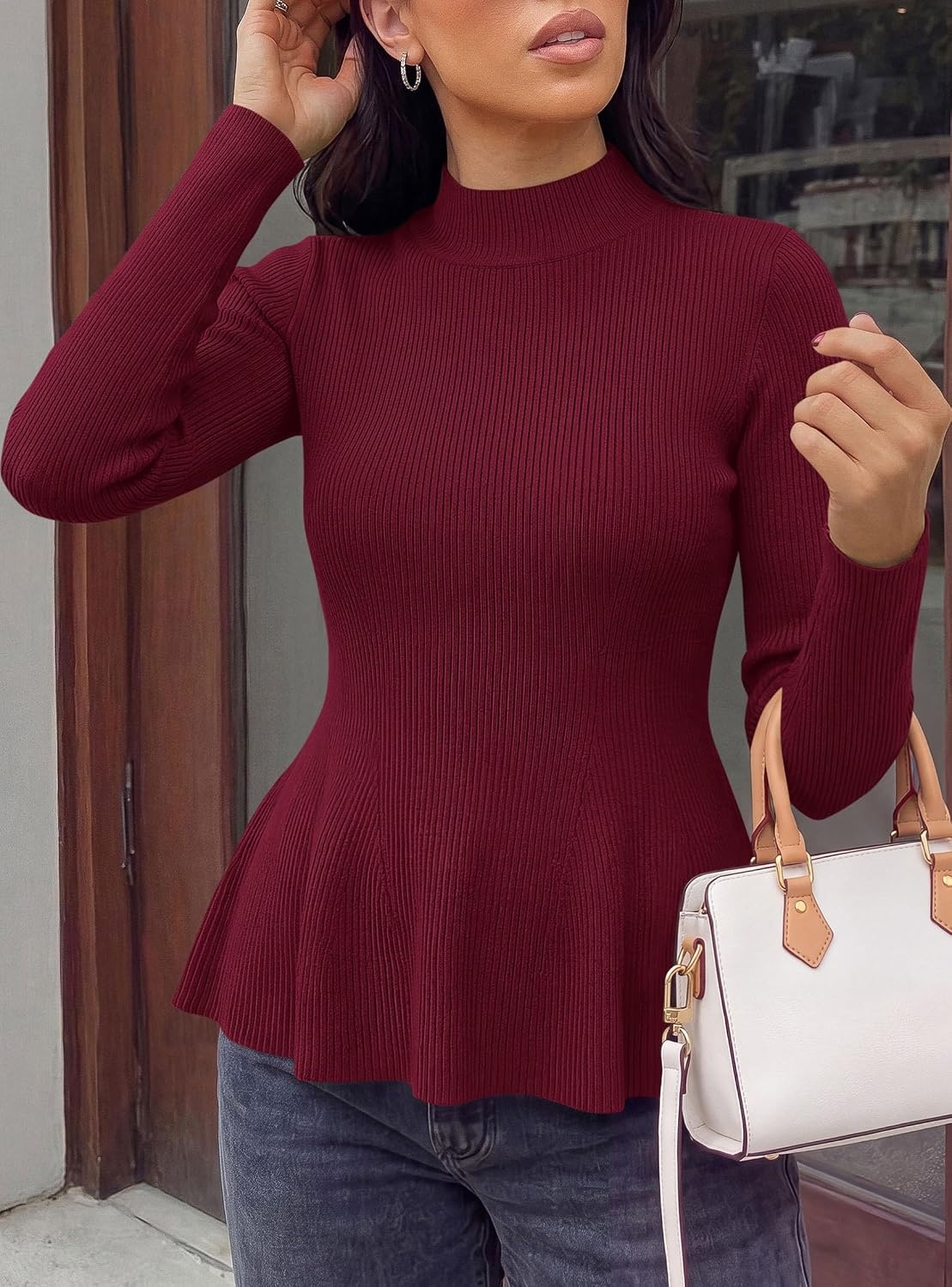 image:imagePRETTYGARDEN Womens Fall Mock Neck Long Sleeve Tops Bodycon Peplum SweatersWine Red
