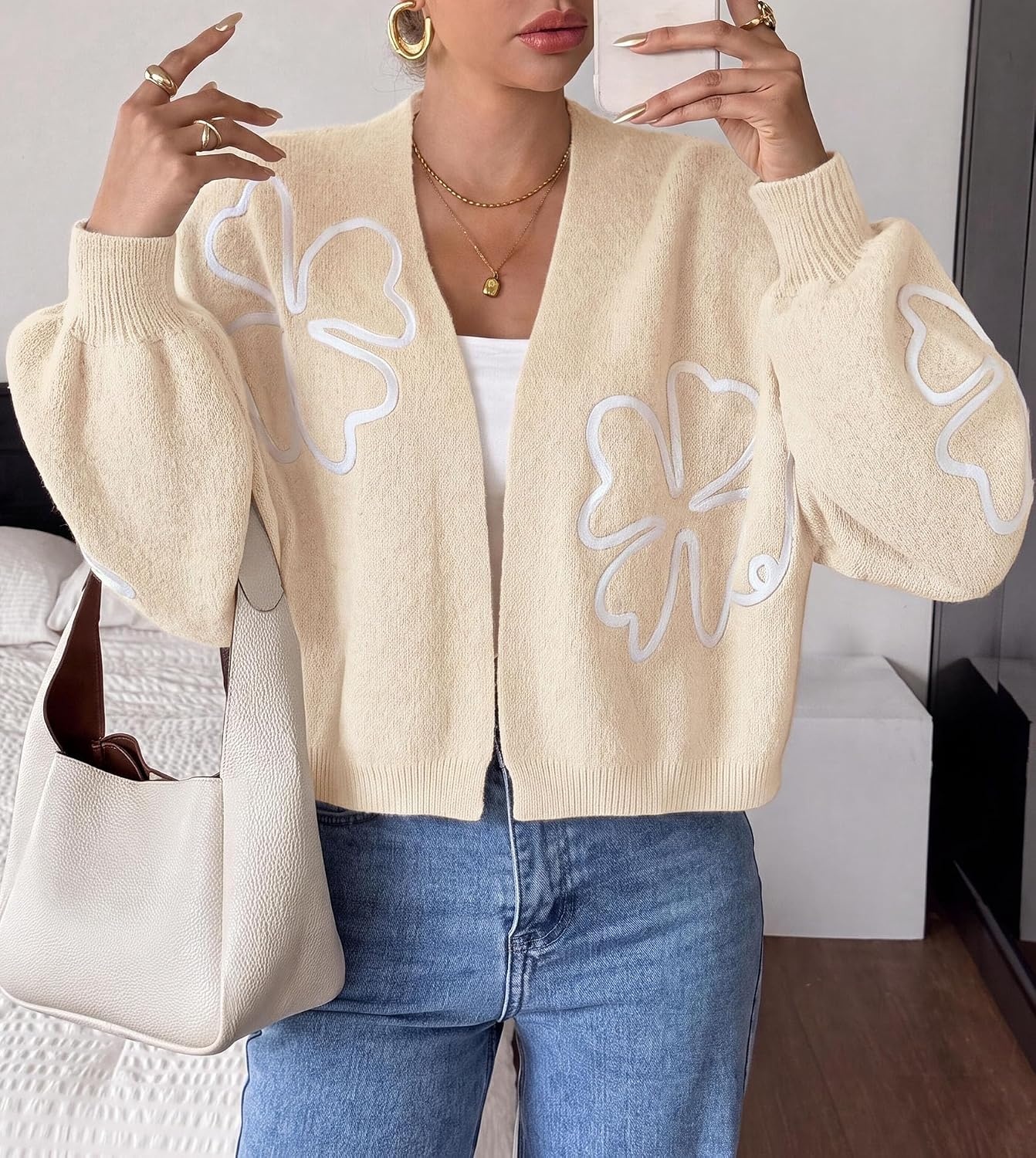 image:imagePRETTYGARDEN Womens Floral Oversized Cardigan Sweaters Trendy Fall OutfitsBeige