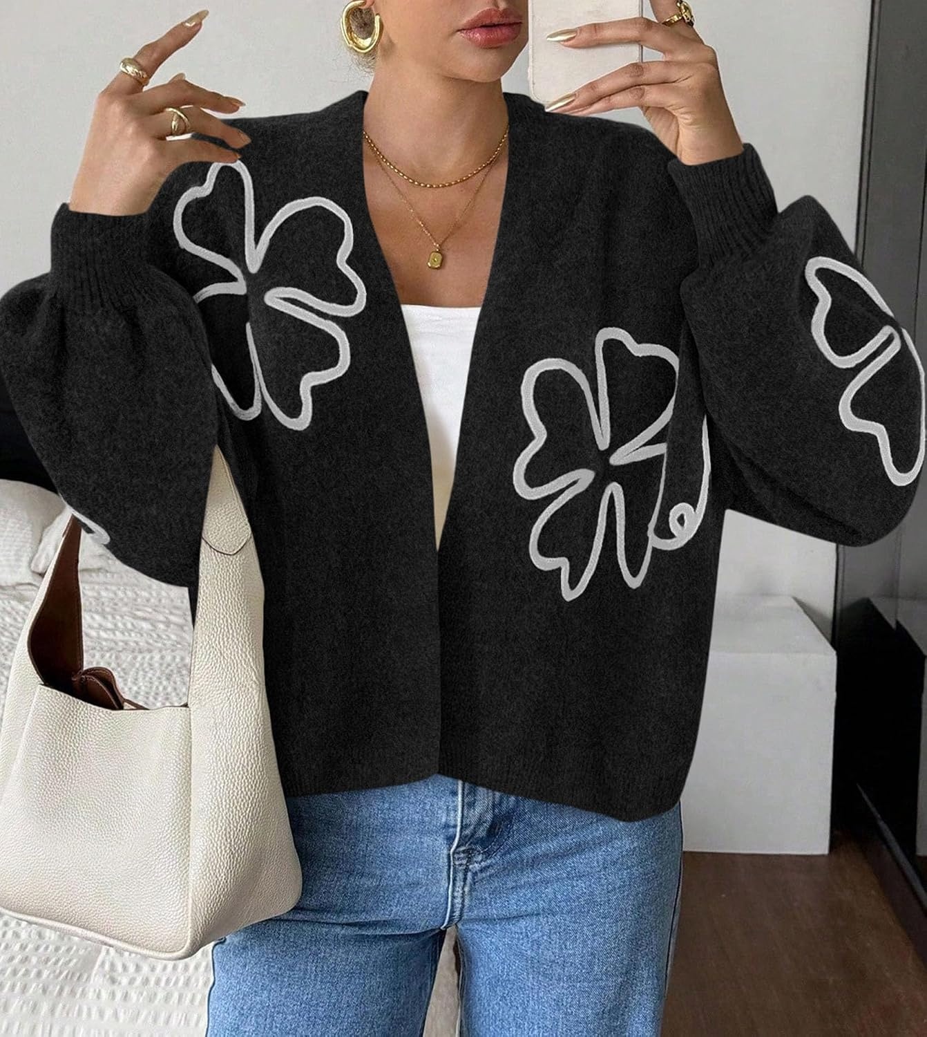 image:imagePRETTYGARDEN Womens Floral Oversized Cardigan Sweaters Trendy Fall OutfitsBlack