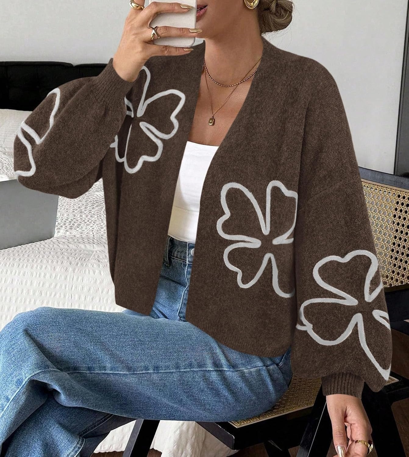 image:imagePRETTYGARDEN Womens Floral Oversized Cardigan Sweaters Trendy Fall OutfitsCoffee
