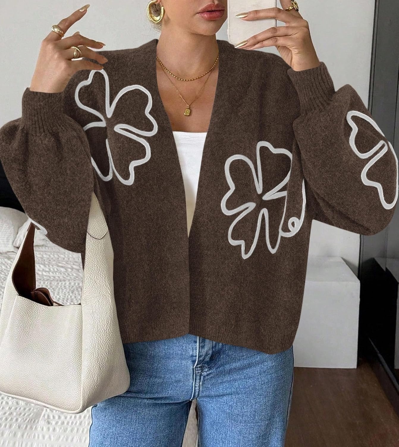 image:imagePRETTYGARDEN Womens Floral Oversized Cardigan Sweaters Trendy Fall OutfitsCoffee
