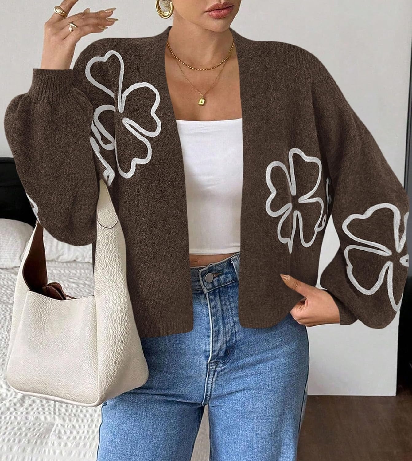 image:imagePRETTYGARDEN Womens Floral Oversized Cardigan Sweaters Trendy Fall OutfitsCoffee