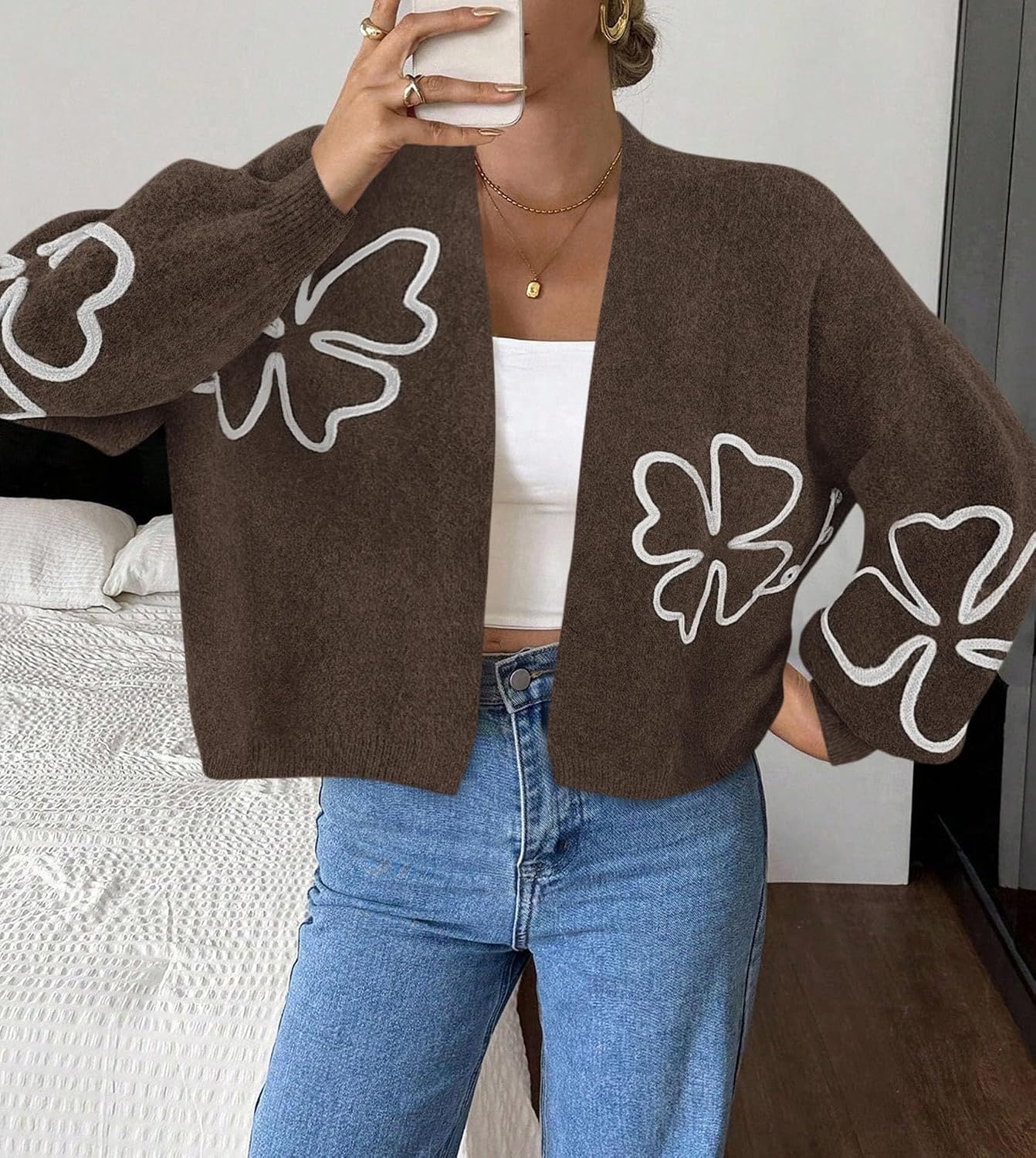 image:imagePRETTYGARDEN Womens Floral Oversized Cardigan Sweaters Trendy Fall OutfitsCoffee