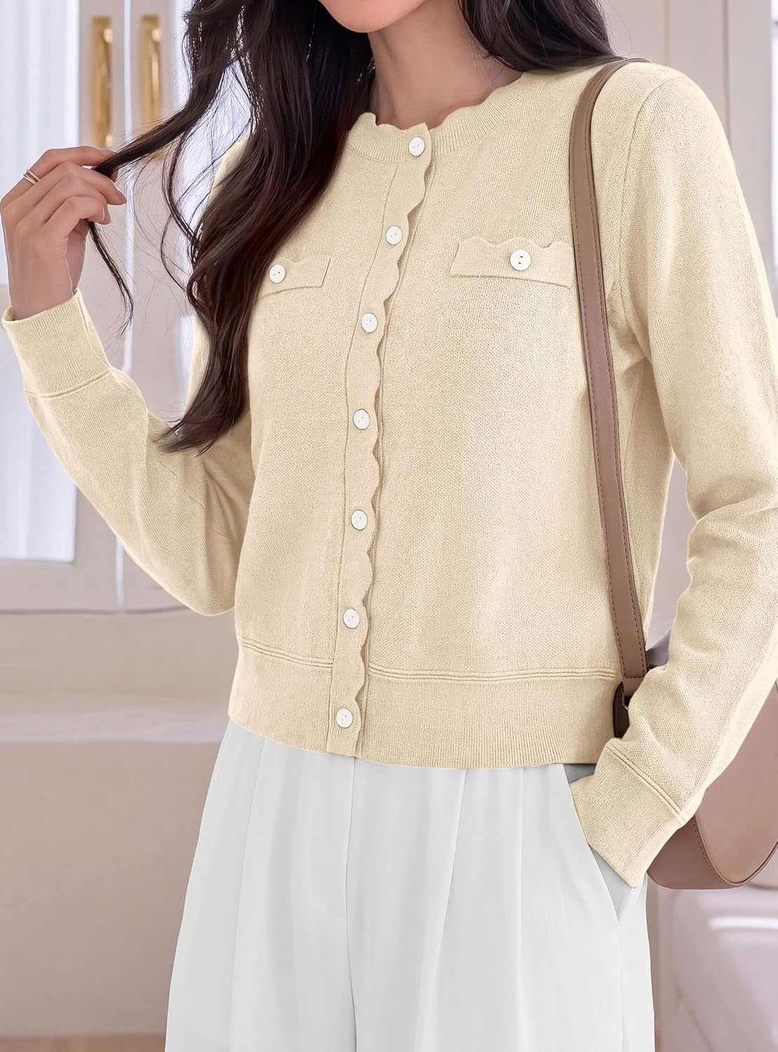 image:imagePRETTYGARDEN Womens Lightweight Cardigan Sweaters Scalloped Trim Fall TopsApricot