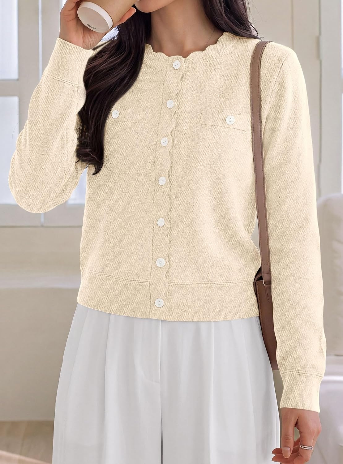 image:imagePRETTYGARDEN Womens Lightweight Cardigan Sweaters Scalloped Trim Fall TopsApricot