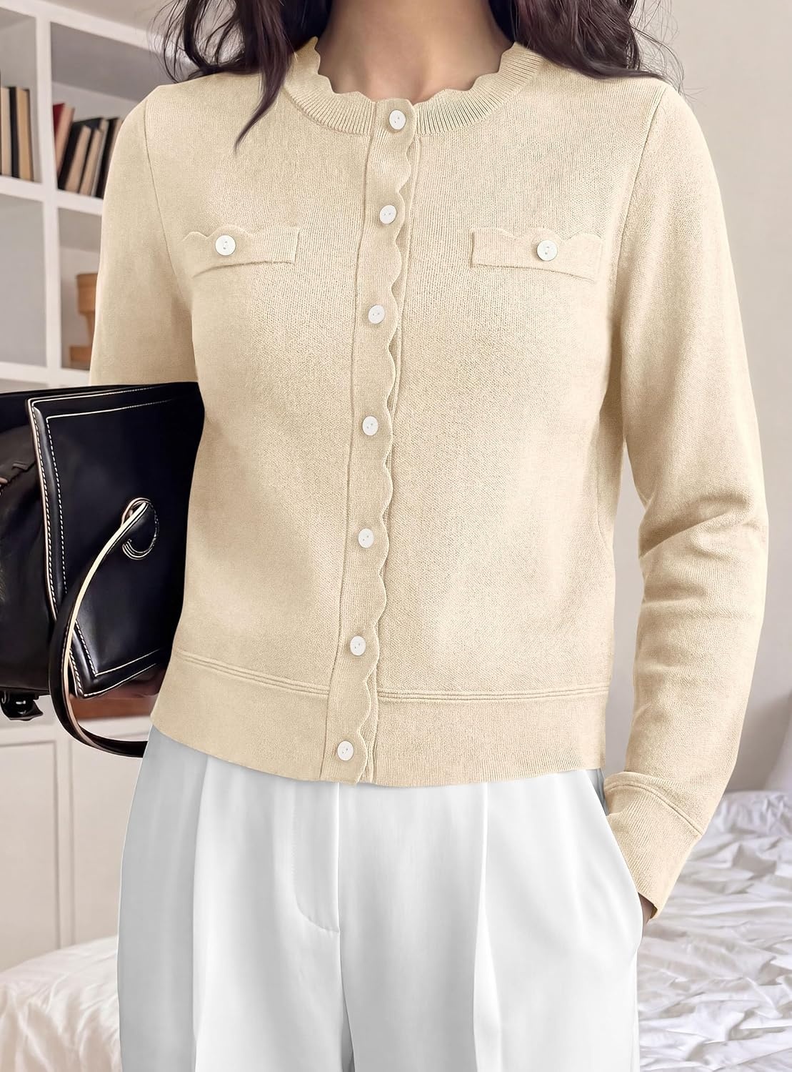 image:imagePRETTYGARDEN Womens Lightweight Cardigan Sweaters Scalloped Trim Fall TopsApricot