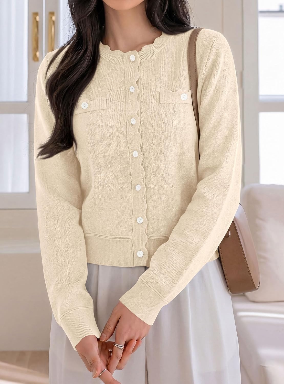 image:imagePRETTYGARDEN Womens Lightweight Cardigan Sweaters Scalloped Trim Fall TopsApricot