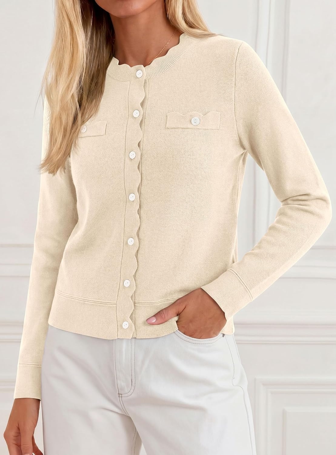 image:imagePRETTYGARDEN Womens Lightweight Cardigan Sweaters Scalloped Trim Fall TopsApricot