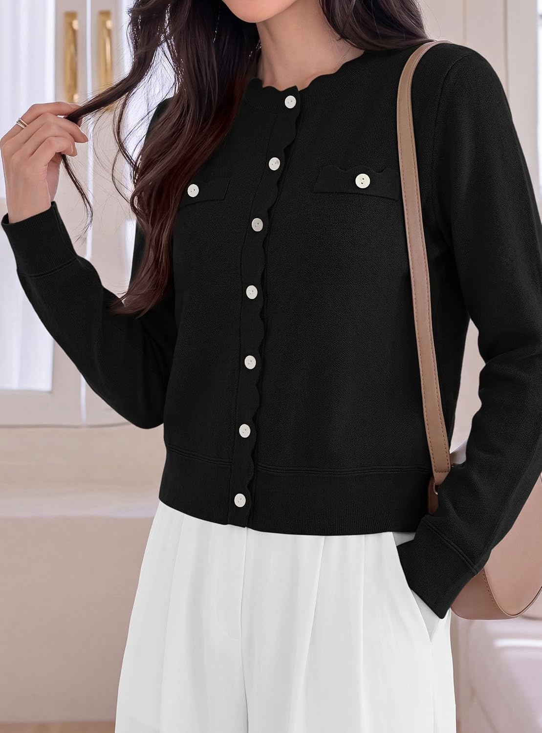 image:imagePRETTYGARDEN Womens Lightweight Cardigan Sweaters Scalloped Trim Fall TopsBlack