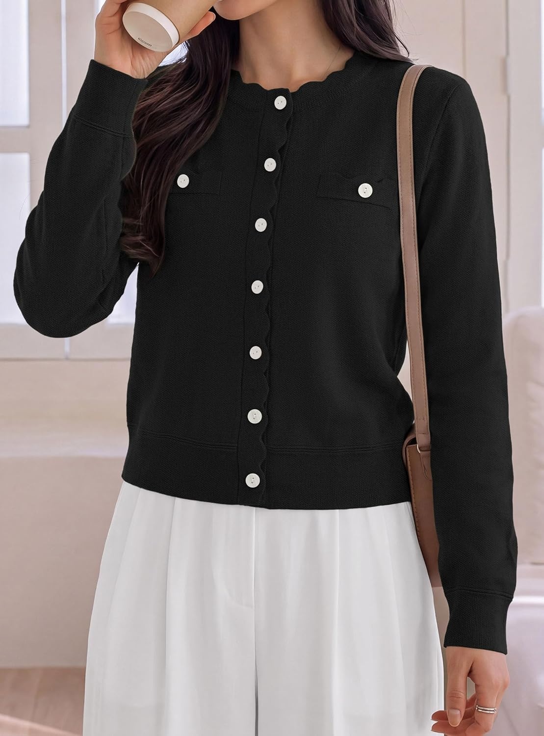 image:imagePRETTYGARDEN Womens Lightweight Cardigan Sweaters Scalloped Trim Fall TopsBlack
