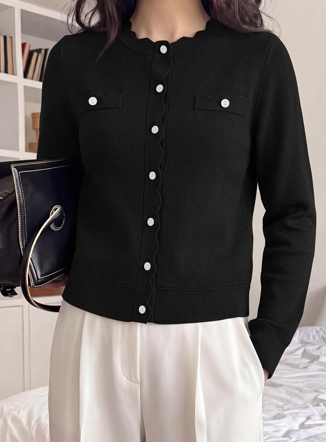 image:imagePRETTYGARDEN Womens Lightweight Cardigan Sweaters Scalloped Trim Fall TopsBlack