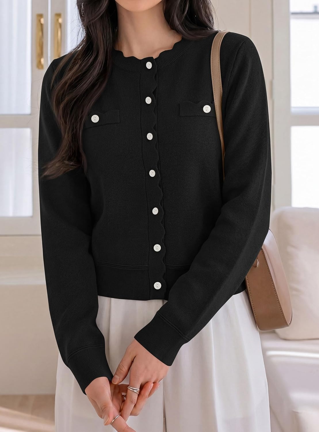 image:imagePRETTYGARDEN Womens Lightweight Cardigan Sweaters Scalloped Trim Fall TopsBlack