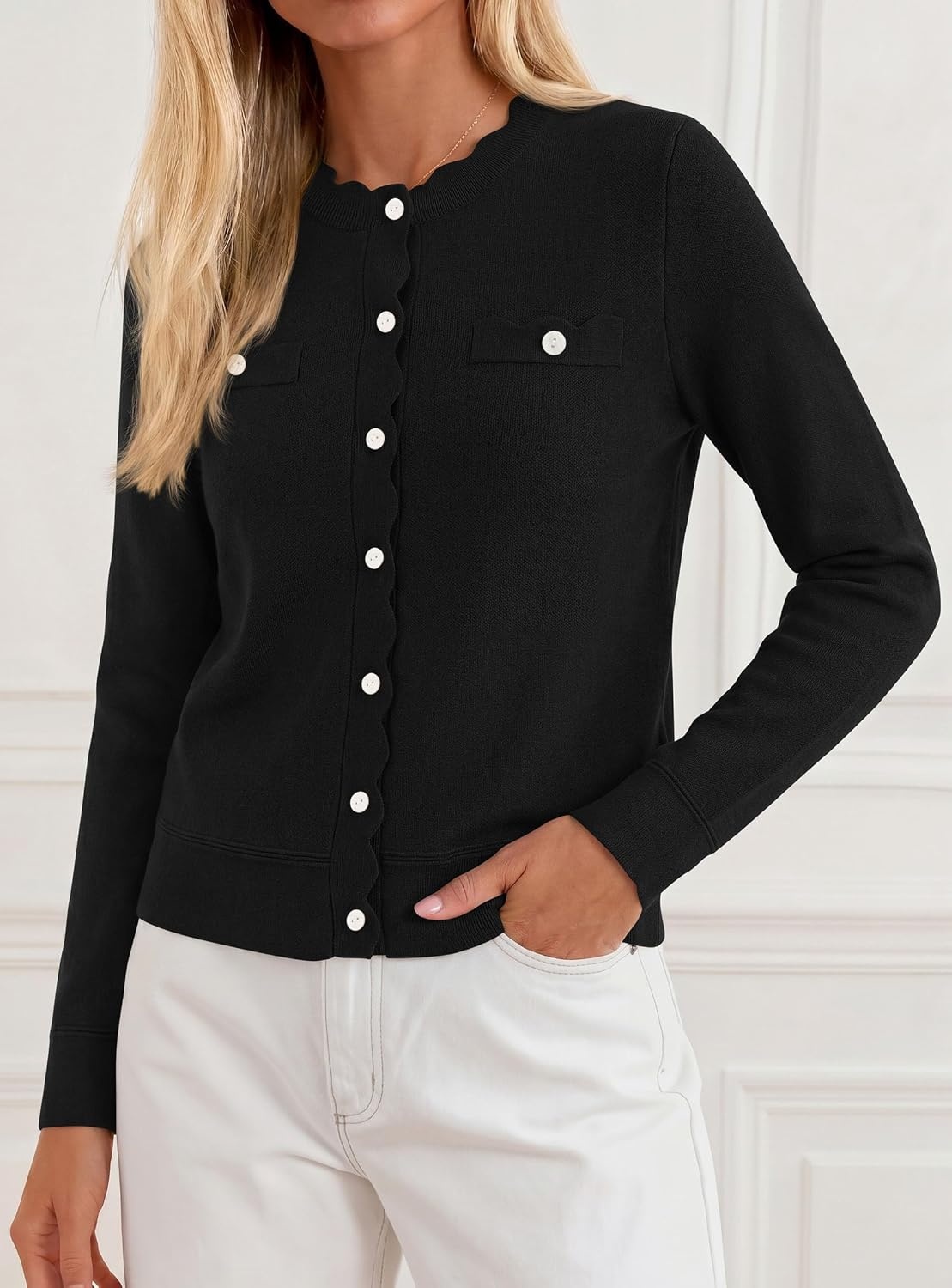 image:imagePRETTYGARDEN Womens Lightweight Cardigan Sweaters Scalloped Trim Fall TopsBlack