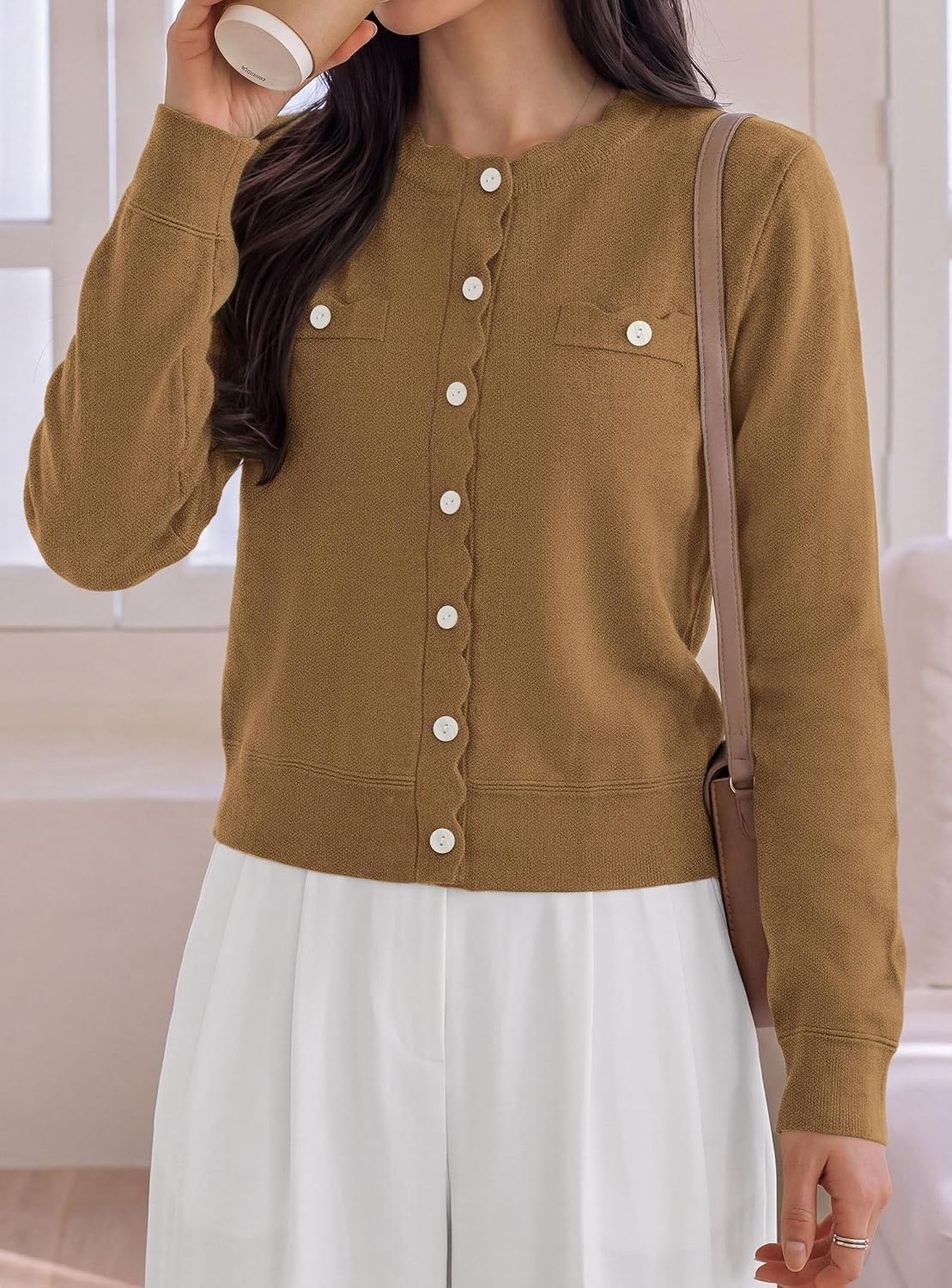 image:imagePRETTYGARDEN Womens Lightweight Cardigan Sweaters Scalloped Trim Fall TopsBrown