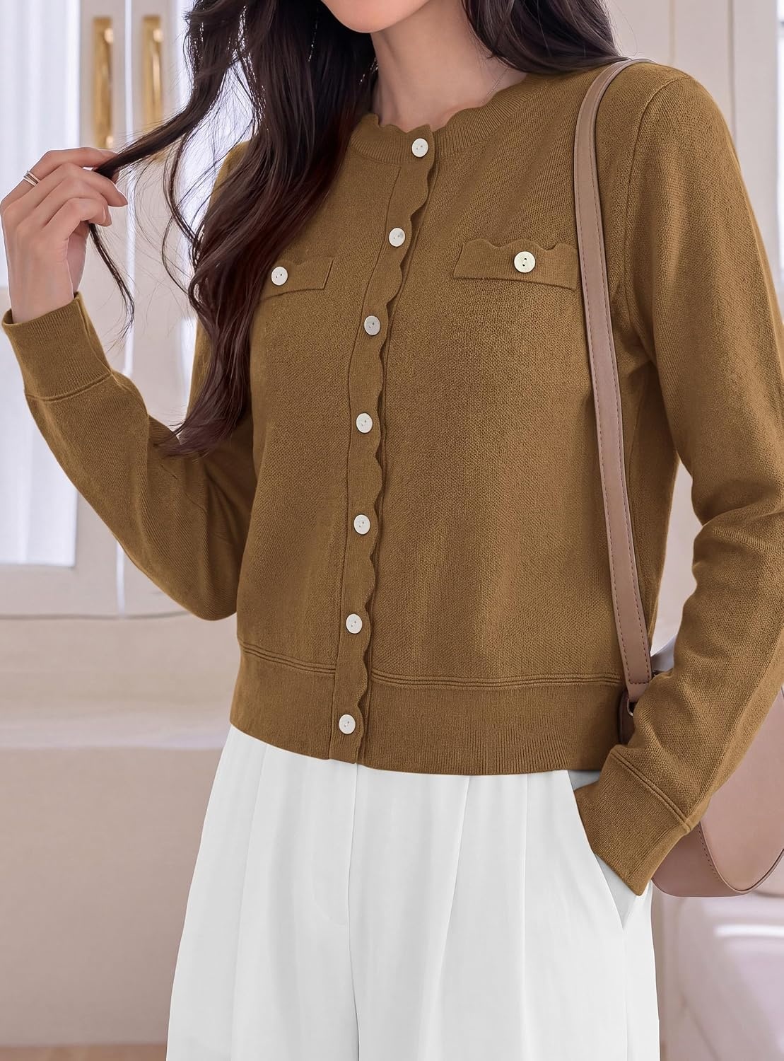 image:imagePRETTYGARDEN Womens Lightweight Cardigan Sweaters Scalloped Trim Fall TopsBrown