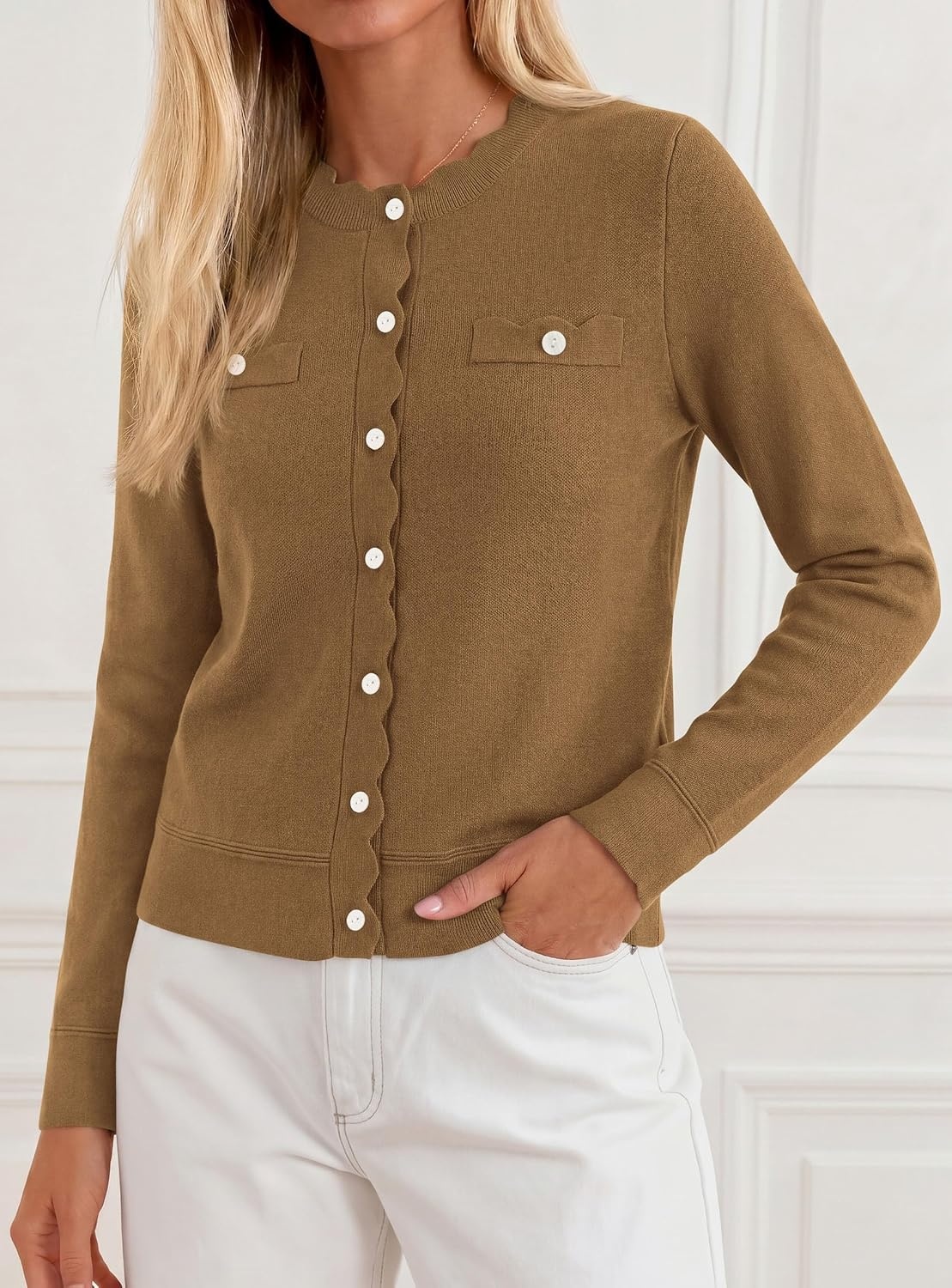 image:imagePRETTYGARDEN Womens Lightweight Cardigan Sweaters Scalloped Trim Fall TopsBrown