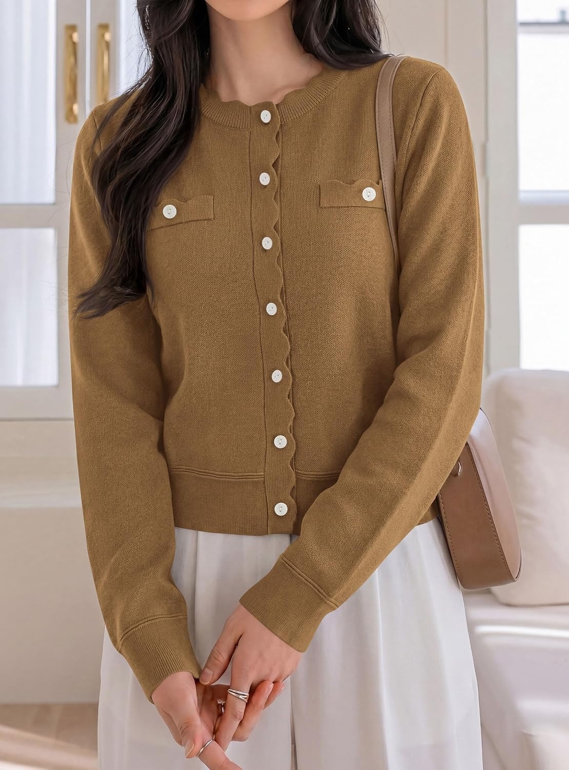 image:imagePRETTYGARDEN Womens Lightweight Cardigan Sweaters Scalloped Trim Fall TopsBrown