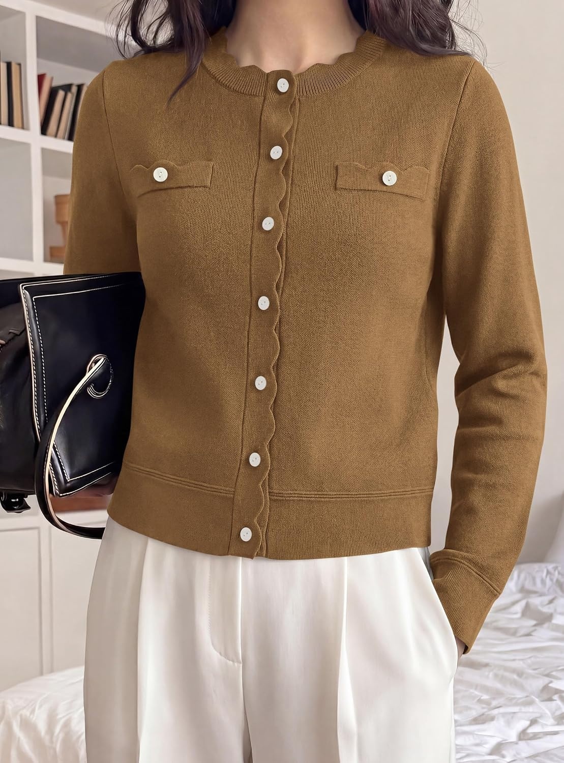 image:imagePRETTYGARDEN Womens Lightweight Cardigan Sweaters Scalloped Trim Fall TopsBrown