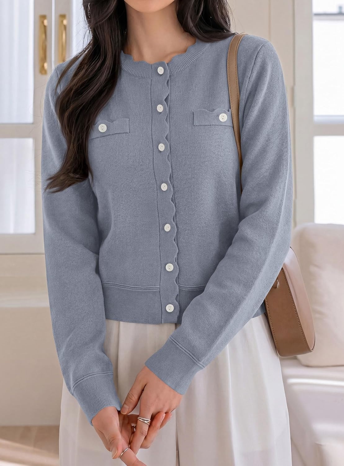 image:imagePRETTYGARDEN Womens Lightweight Cardigan Sweaters Scalloped Trim Fall TopsGrey Blue