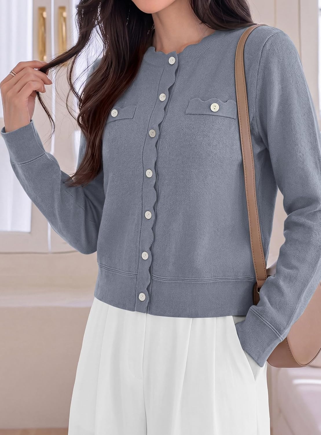 image:imagePRETTYGARDEN Womens Lightweight Cardigan Sweaters Scalloped Trim Fall TopsGrey Blue