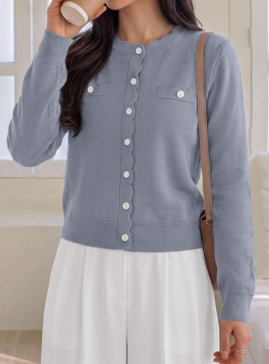 image:imagePRETTYGARDEN Womens Lightweight Cardigan Sweaters Scalloped Trim Fall TopsGrey Blue