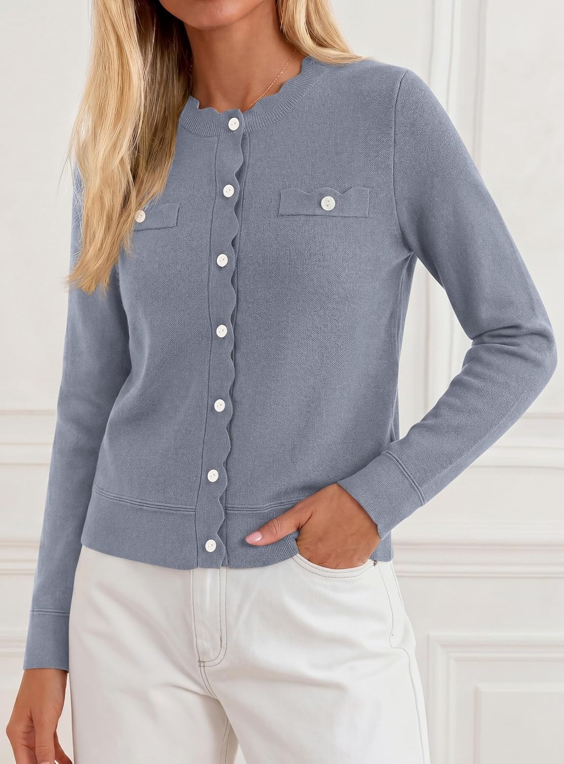 image:imagePRETTYGARDEN Womens Lightweight Cardigan Sweaters Scalloped Trim Fall TopsGrey Blue