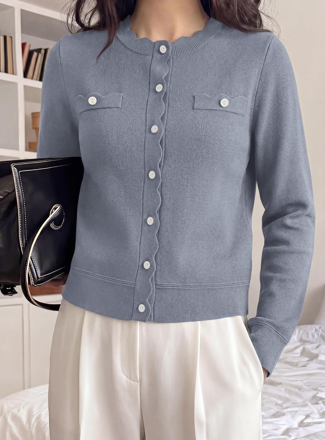 image:imagePRETTYGARDEN Womens Lightweight Cardigan Sweaters Scalloped Trim Fall TopsGrey Blue