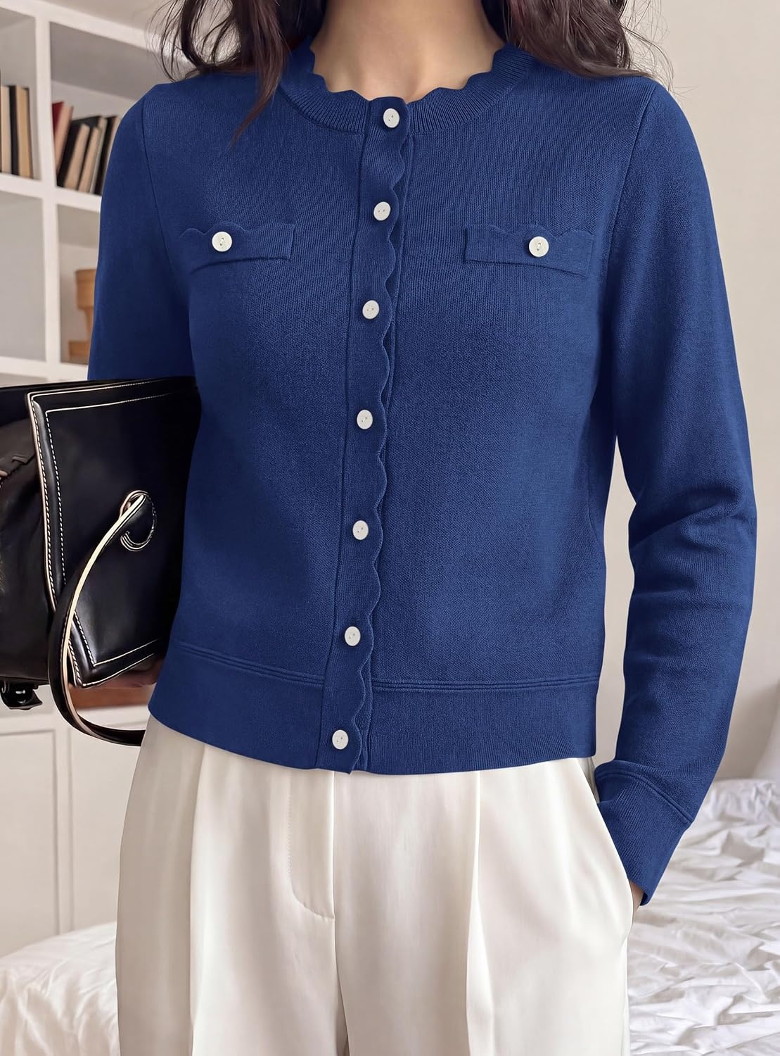 image:imagePRETTYGARDEN Womens Lightweight Cardigan Sweaters Scalloped Trim Fall TopsNavy