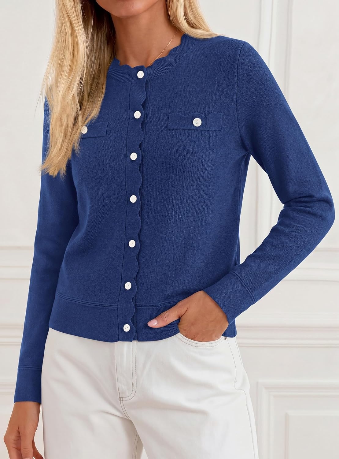 image:imagePRETTYGARDEN Womens Lightweight Cardigan Sweaters Scalloped Trim Fall TopsNavy