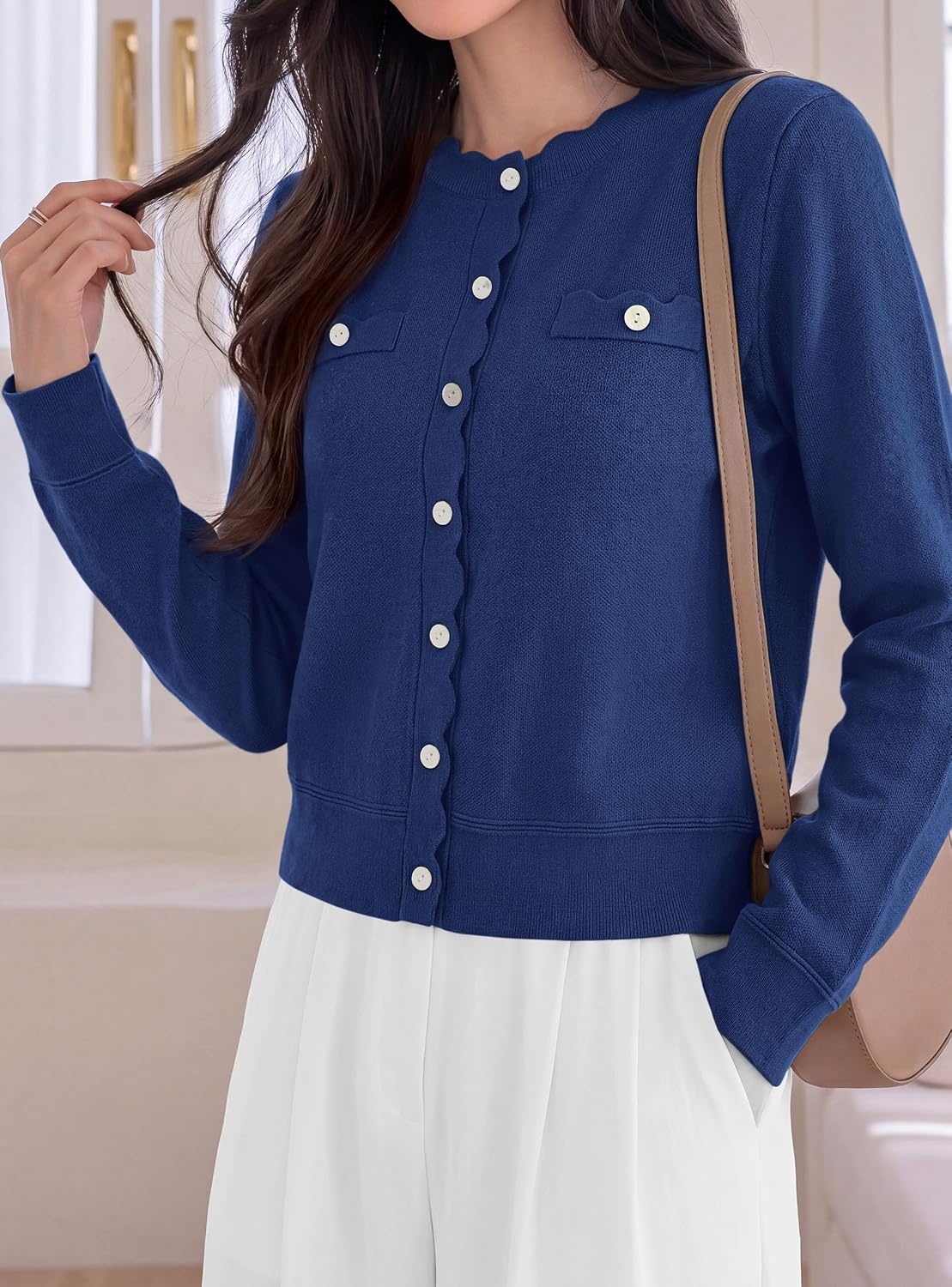 image:imagePRETTYGARDEN Womens Lightweight Cardigan Sweaters Scalloped Trim Fall TopsNavy