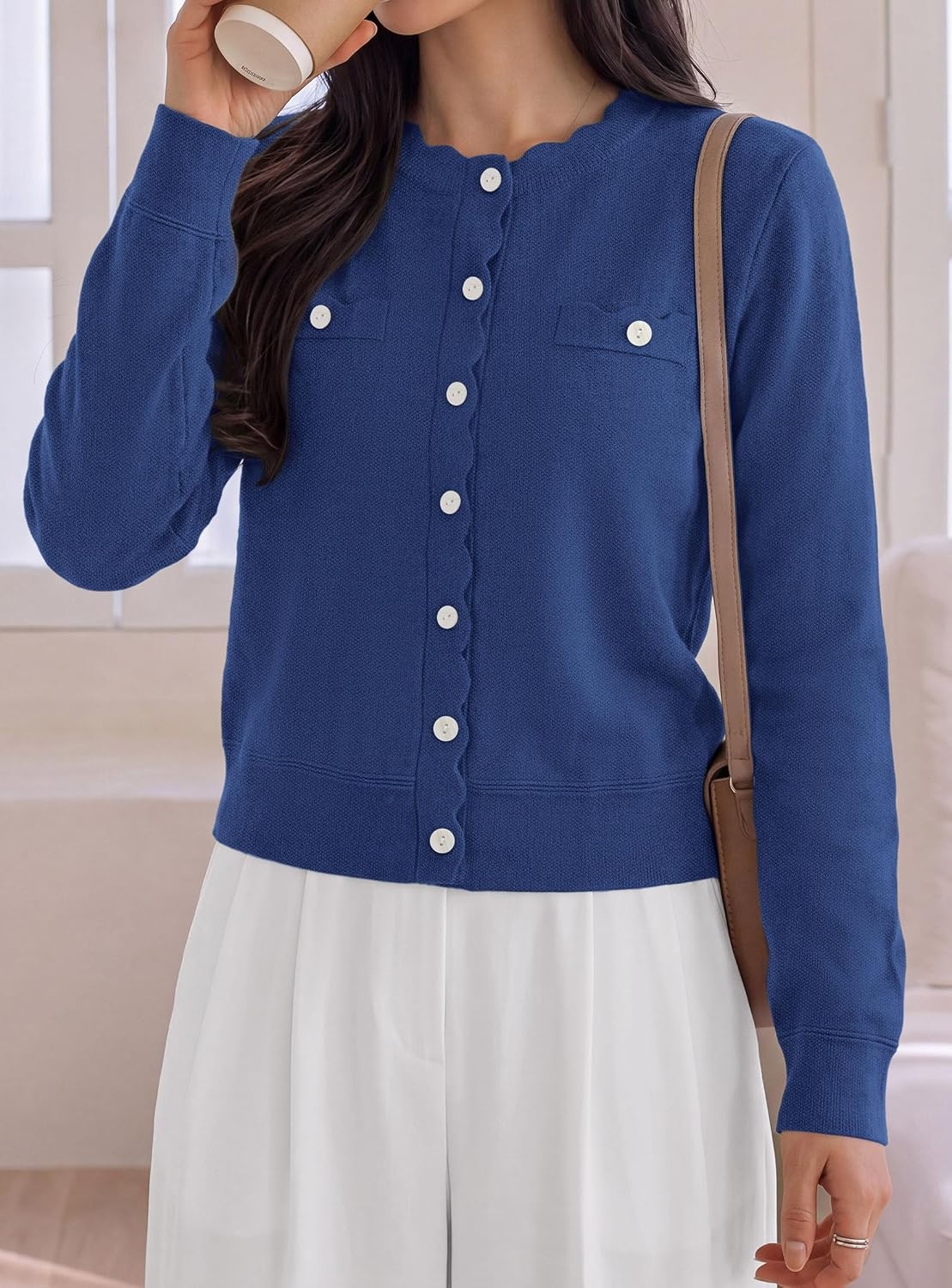 image:imagePRETTYGARDEN Womens Lightweight Cardigan Sweaters Scalloped Trim Fall TopsNavy