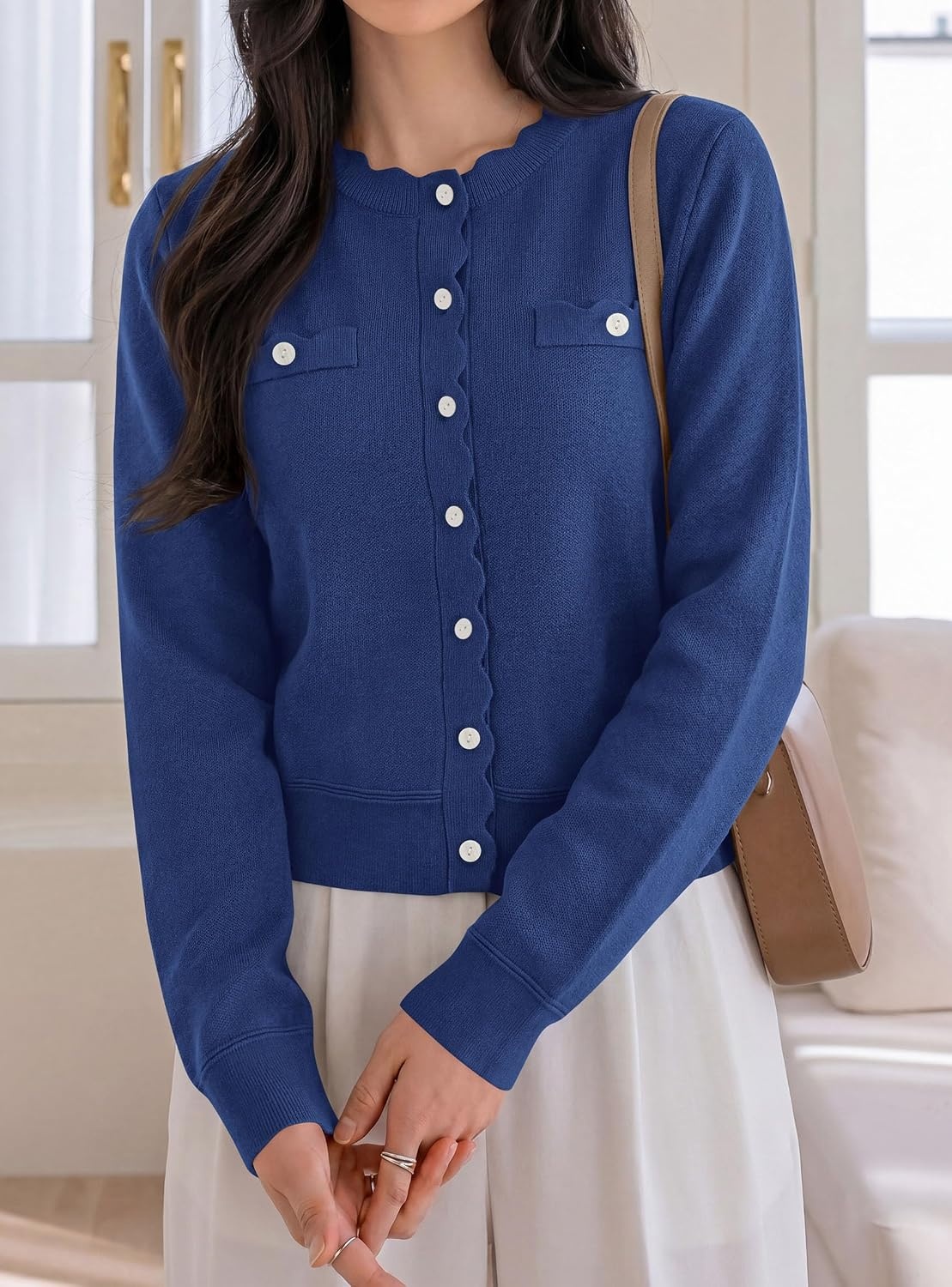 image:imagePRETTYGARDEN Womens Lightweight Cardigan Sweaters Scalloped Trim Fall TopsNavy