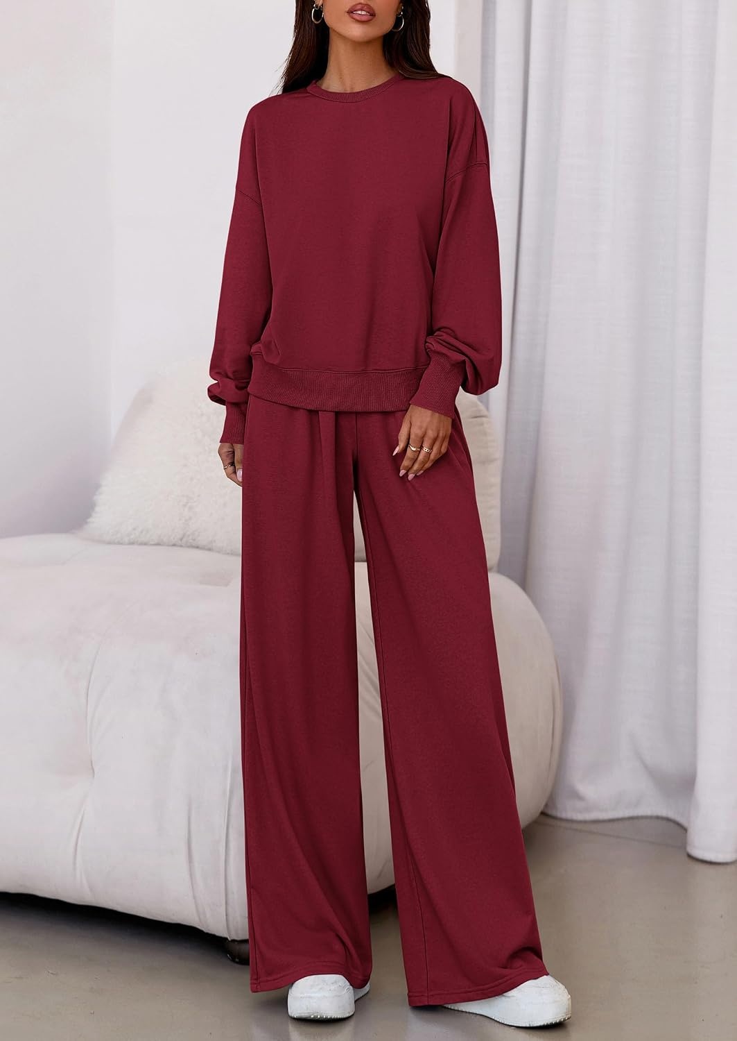image:imagePRETTYGARDEN Womens Loose Fit Casual 2 Piece Lounge SetWine Red