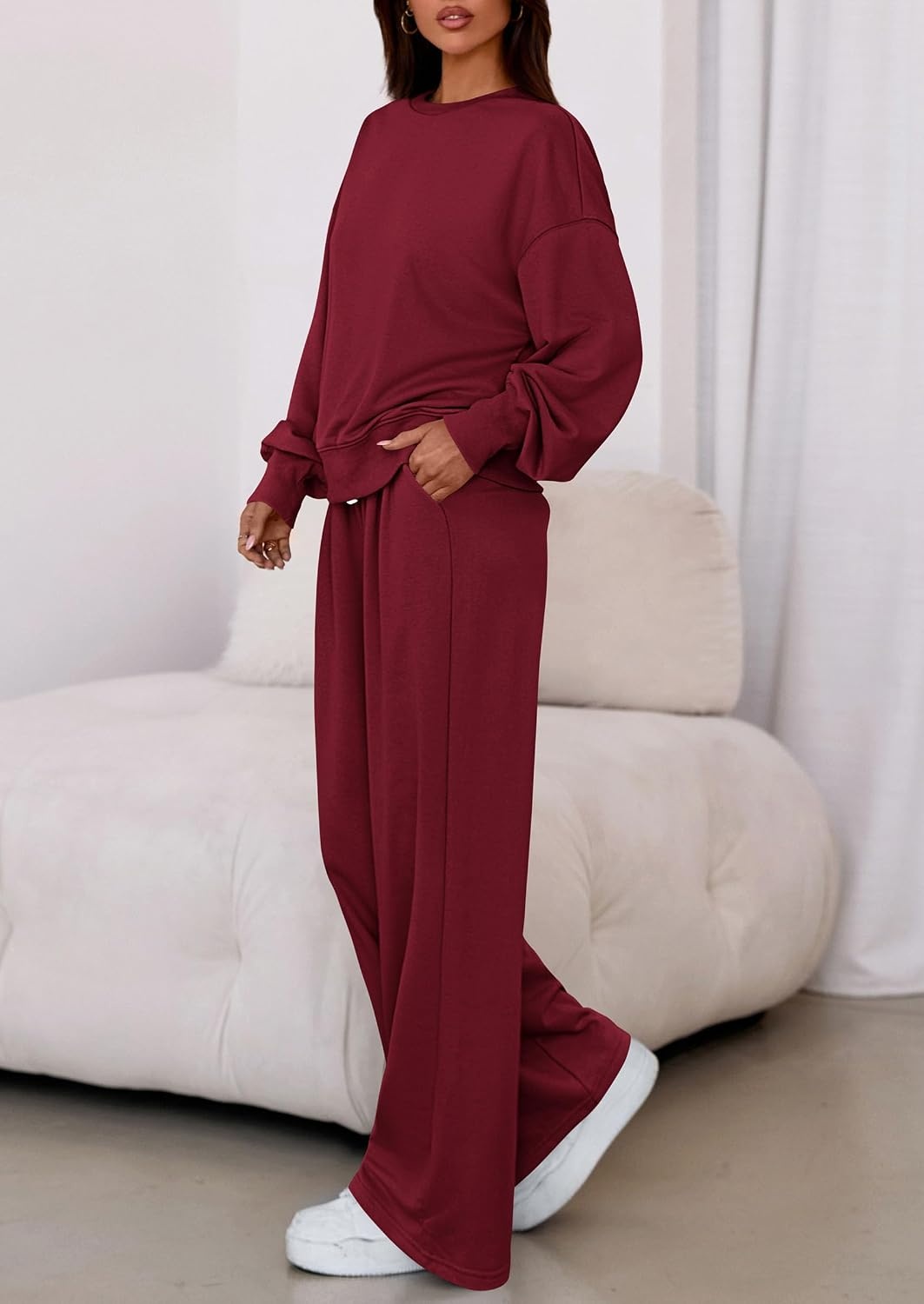 image:imagePRETTYGARDEN Womens Loose Fit Casual 2 Piece Lounge SetWine Red