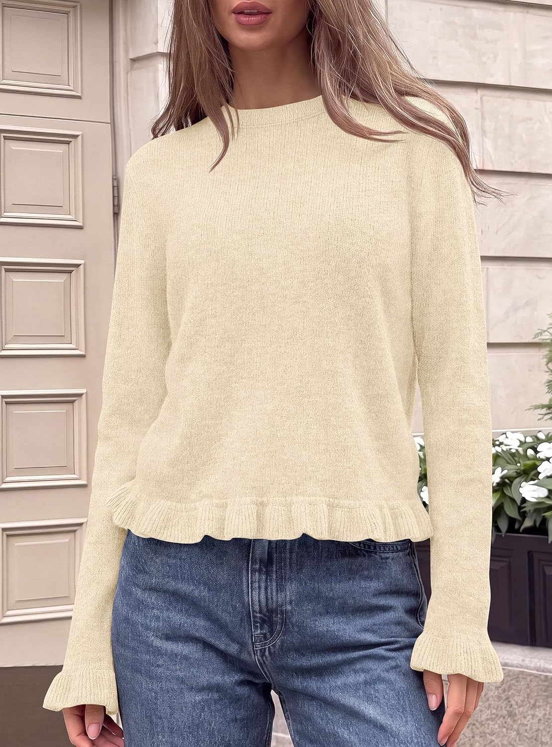 image:imagePRETTYGARDEN Womens Ruffle Sweaters Fall Fashion Cozy Knit PulloverBeige