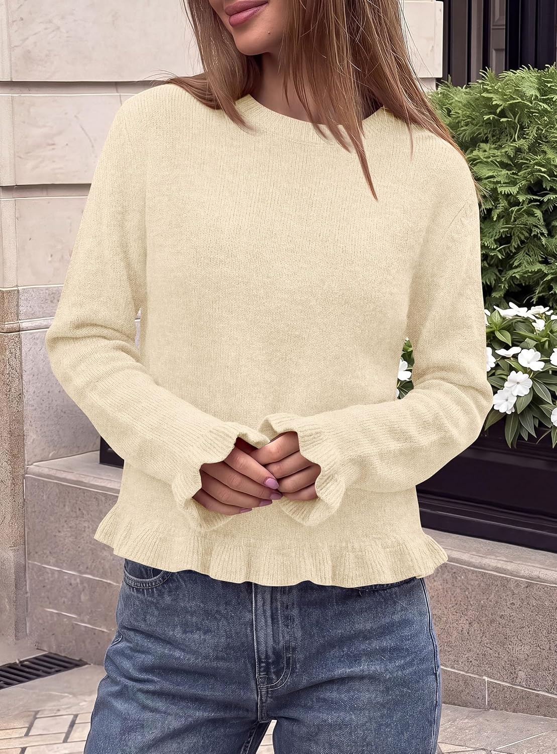 image:imagePRETTYGARDEN Womens Ruffle Sweaters Fall Fashion Cozy Knit PulloverBeige